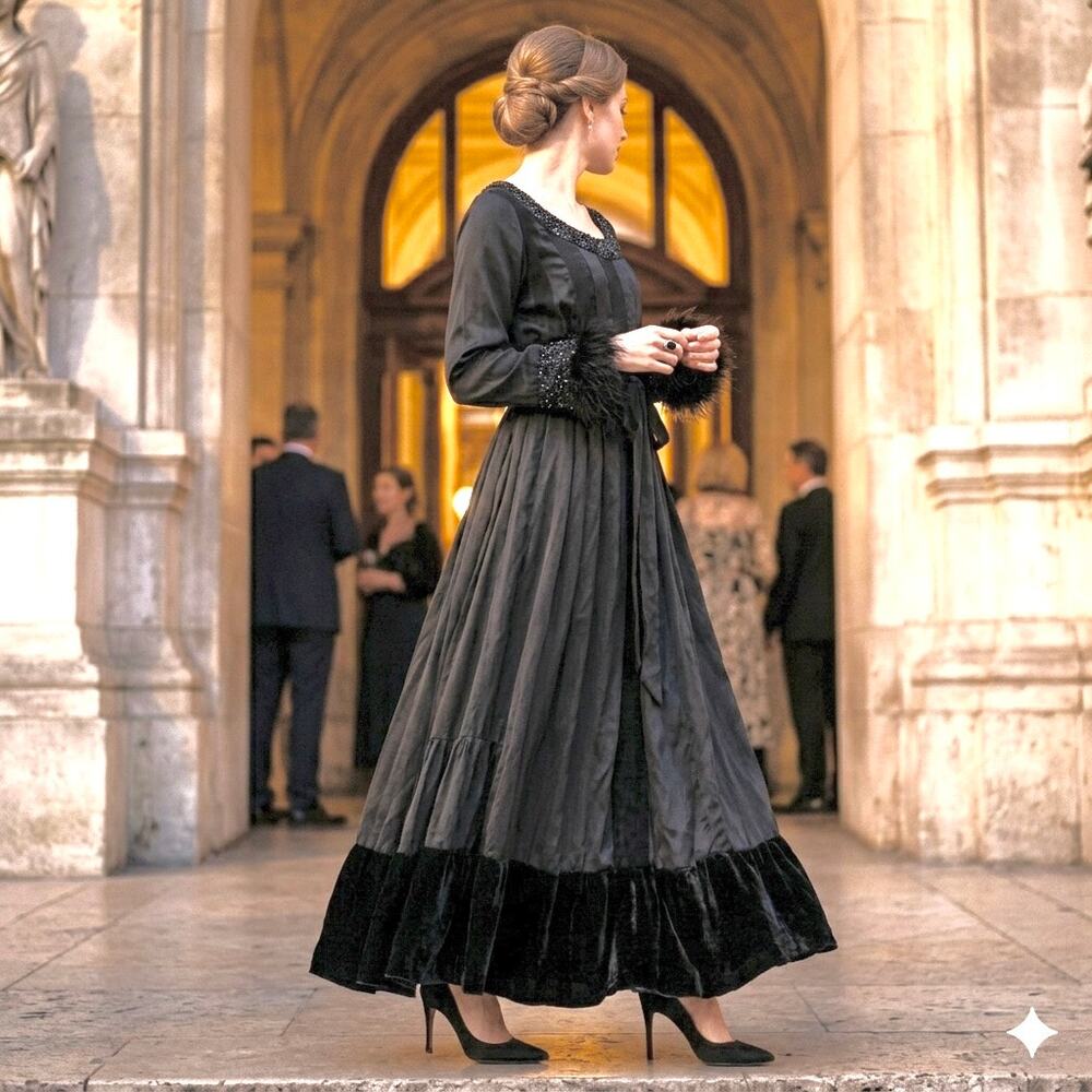 Witchy Black Satin Velvet Maxi Dress L/XL Embellished Mourning Bride Whimsigoth